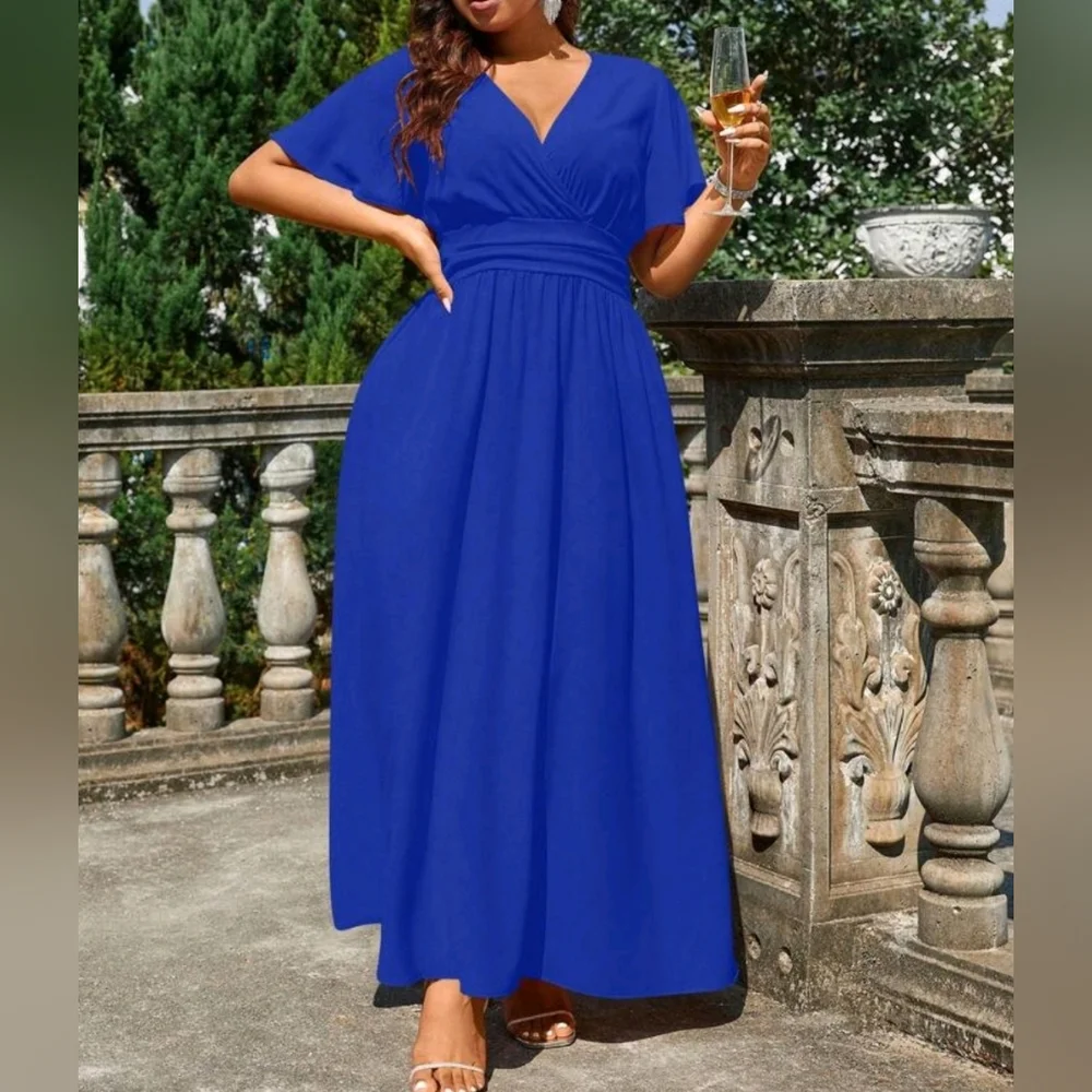 NEW Chic Ruched Waist Flutter Sleeve Maxi Dress PLUS Royal Blue